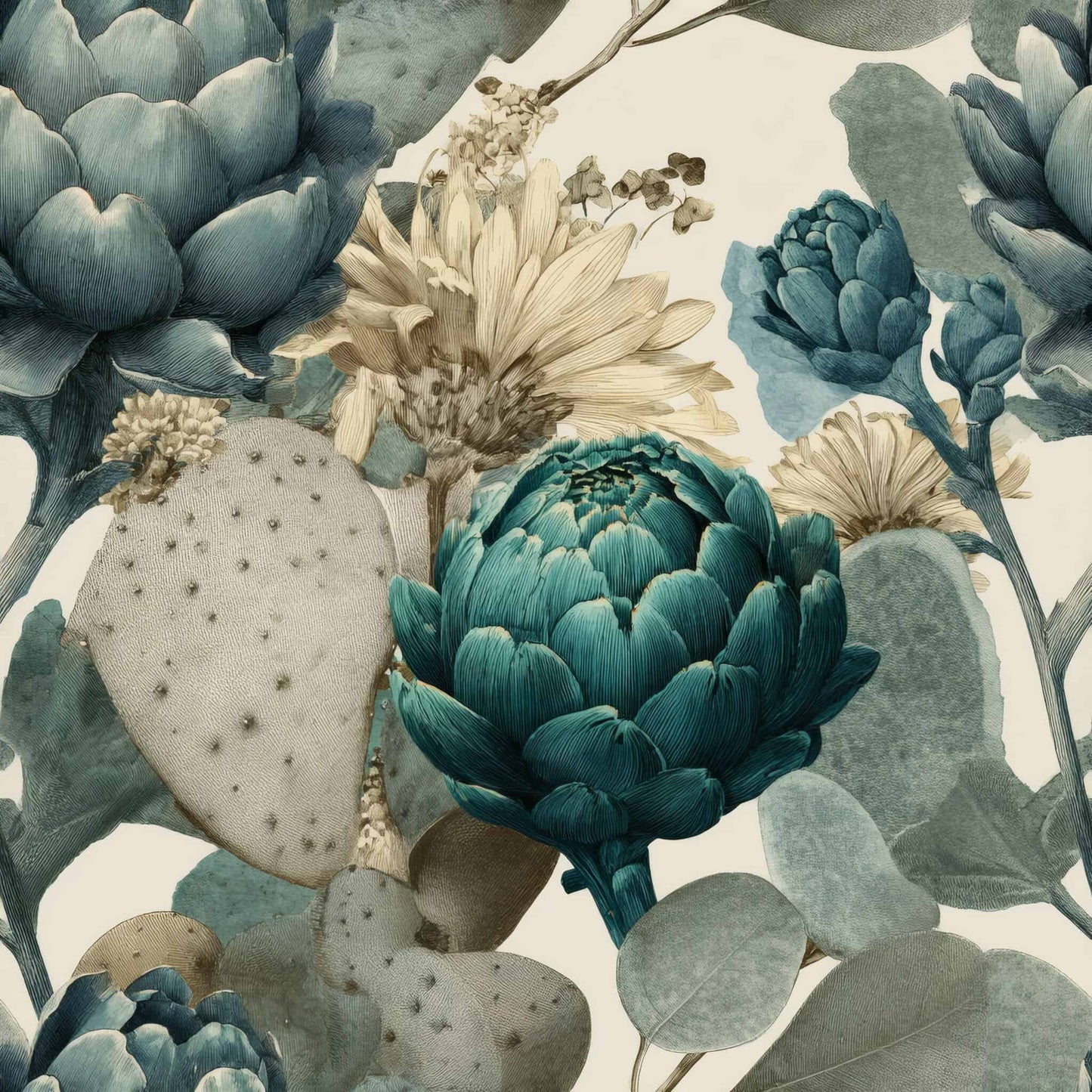 Botanical wallpaper with teal and beige floral patterns and intricate details.