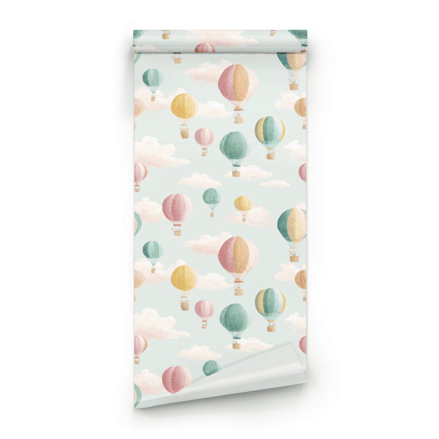 Blue Abstract Wallpaper roll preview showing the balloon-and-cloud drawing in soft blue abstract handling