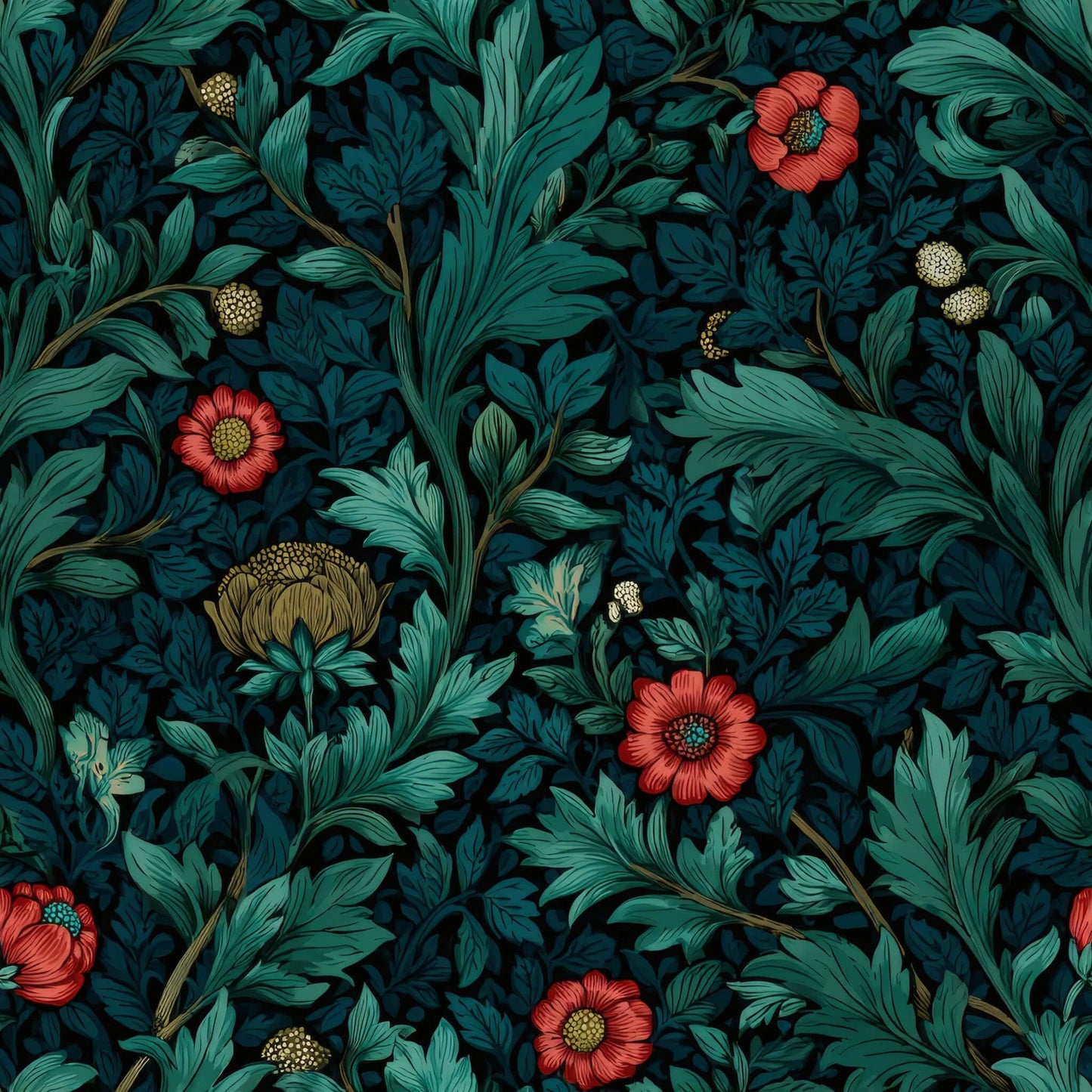 Detailed botanical wallpaper with emerald leaves and red flowers on a dark background.