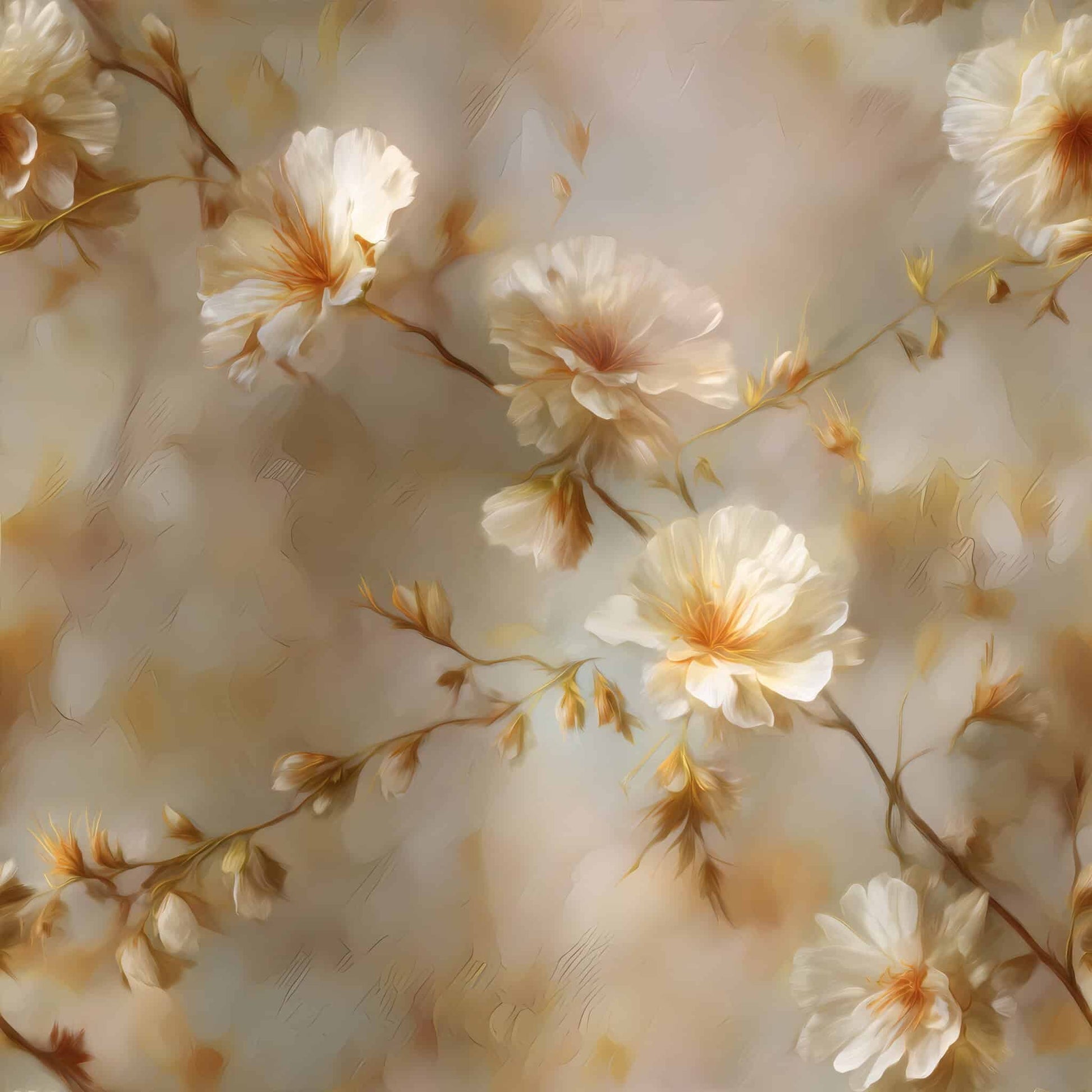 Wallpaper with delicate floral pattern in warm muted tones, featuring soft petals and gentle branches.