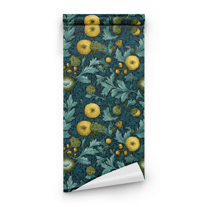 Green Floral Wallpaper roll preview showing the thistle botanical drawing in the chartreuse green Arts and Crafts palette