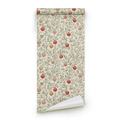 Cream Botanical Wallpaper roll close-up showing the pomegranate fruit detail in earthy cream tones in close drawing