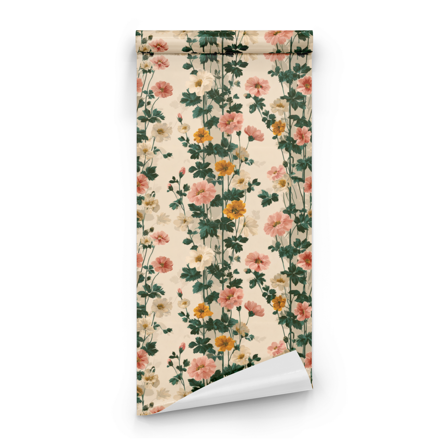 Cream Floral Wallpaper roll close-up showing the coral anemone flower drawing on the cream ground in fine cottagecore detail