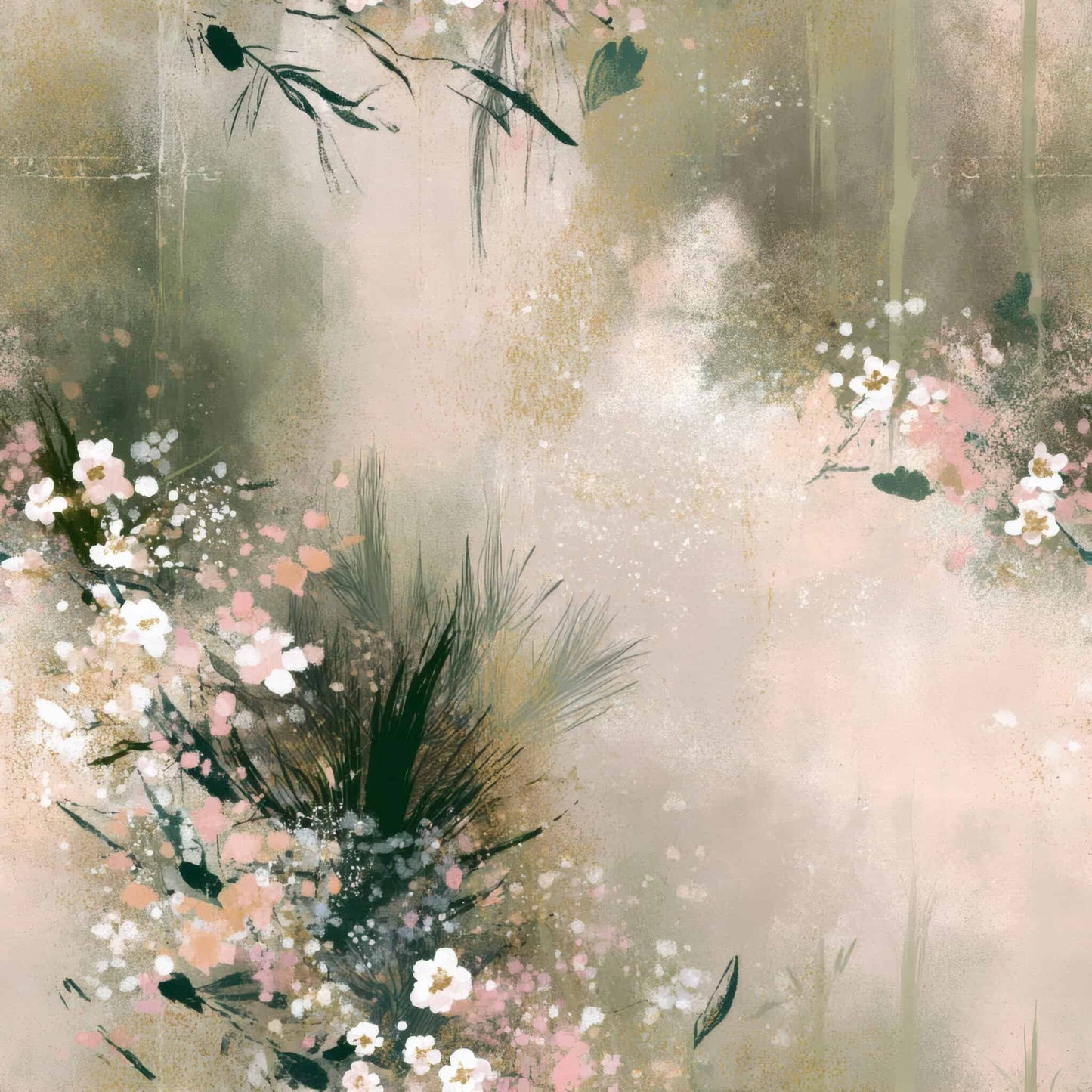 Wallpaper with delicate floral patterns in soft pastel hues, evoking a serene and dreamy atmosphere.