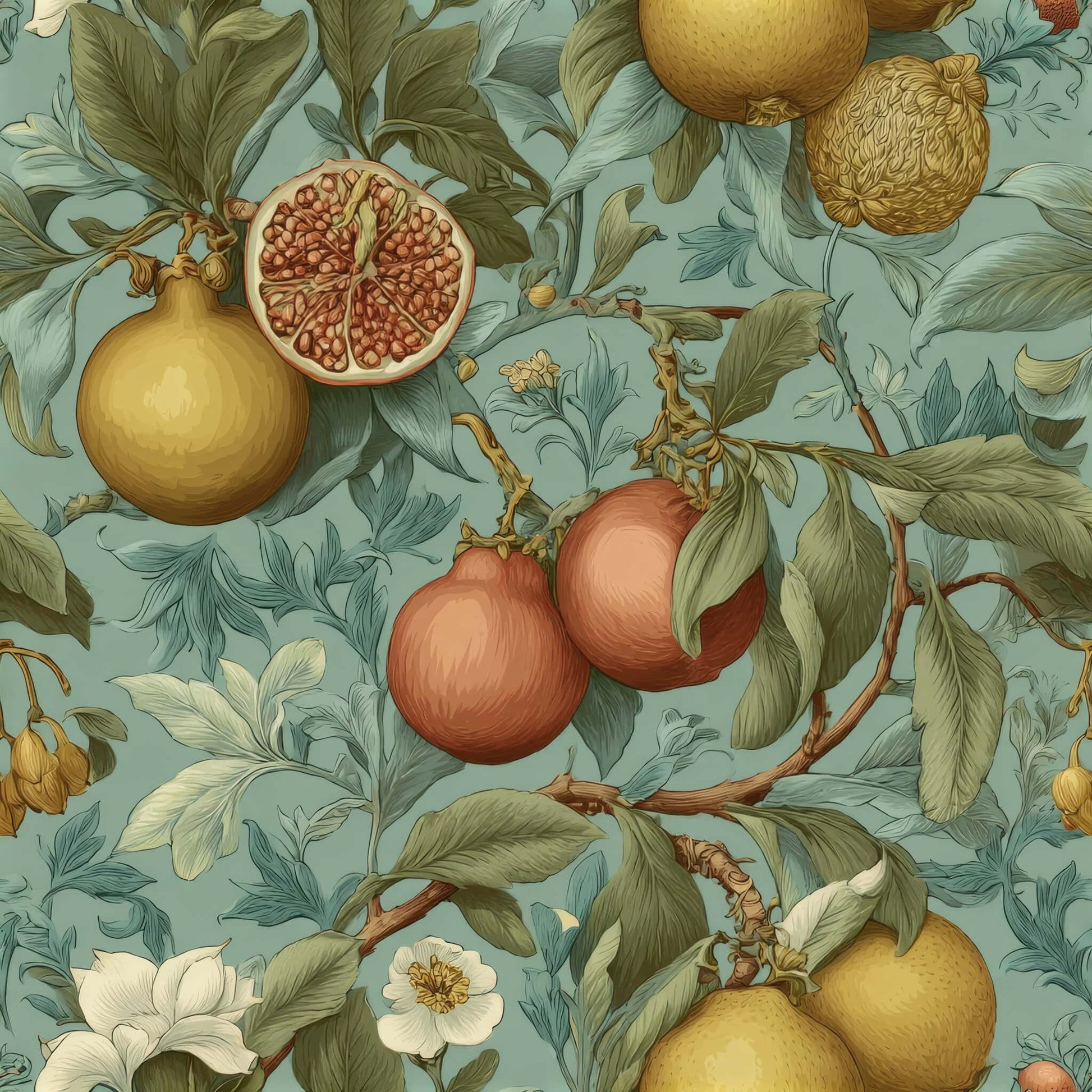 Botanical wallpaper with pomegranates, citrus, leaves, and flowers in blue and earthy tones.