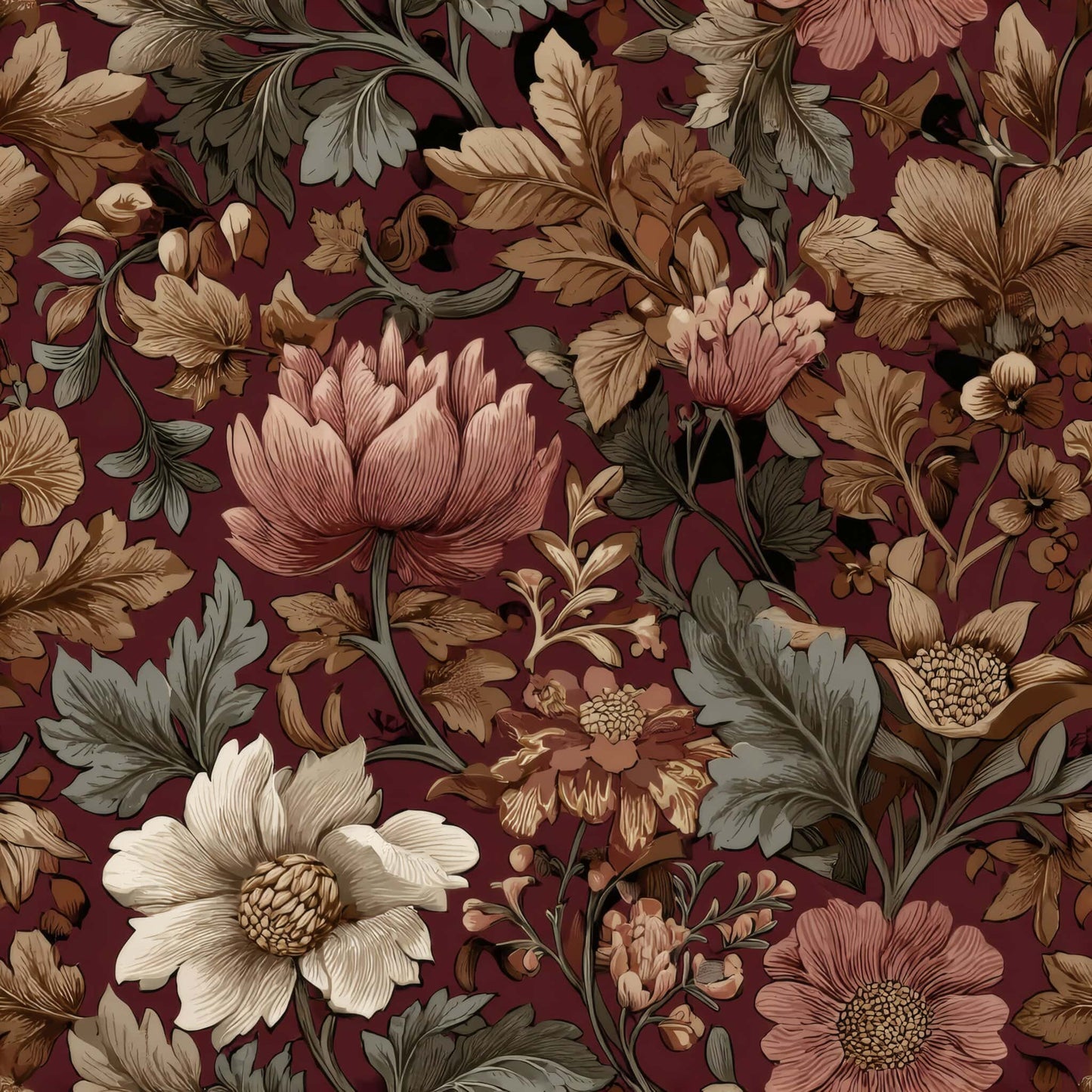 Crimson background with intricate floral patterns in earthy tones.