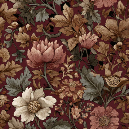 Crimson background with intricate floral patterns in earthy tones.