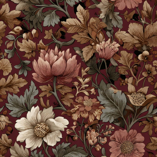 Crimson background with intricate floral patterns in earthy tones.