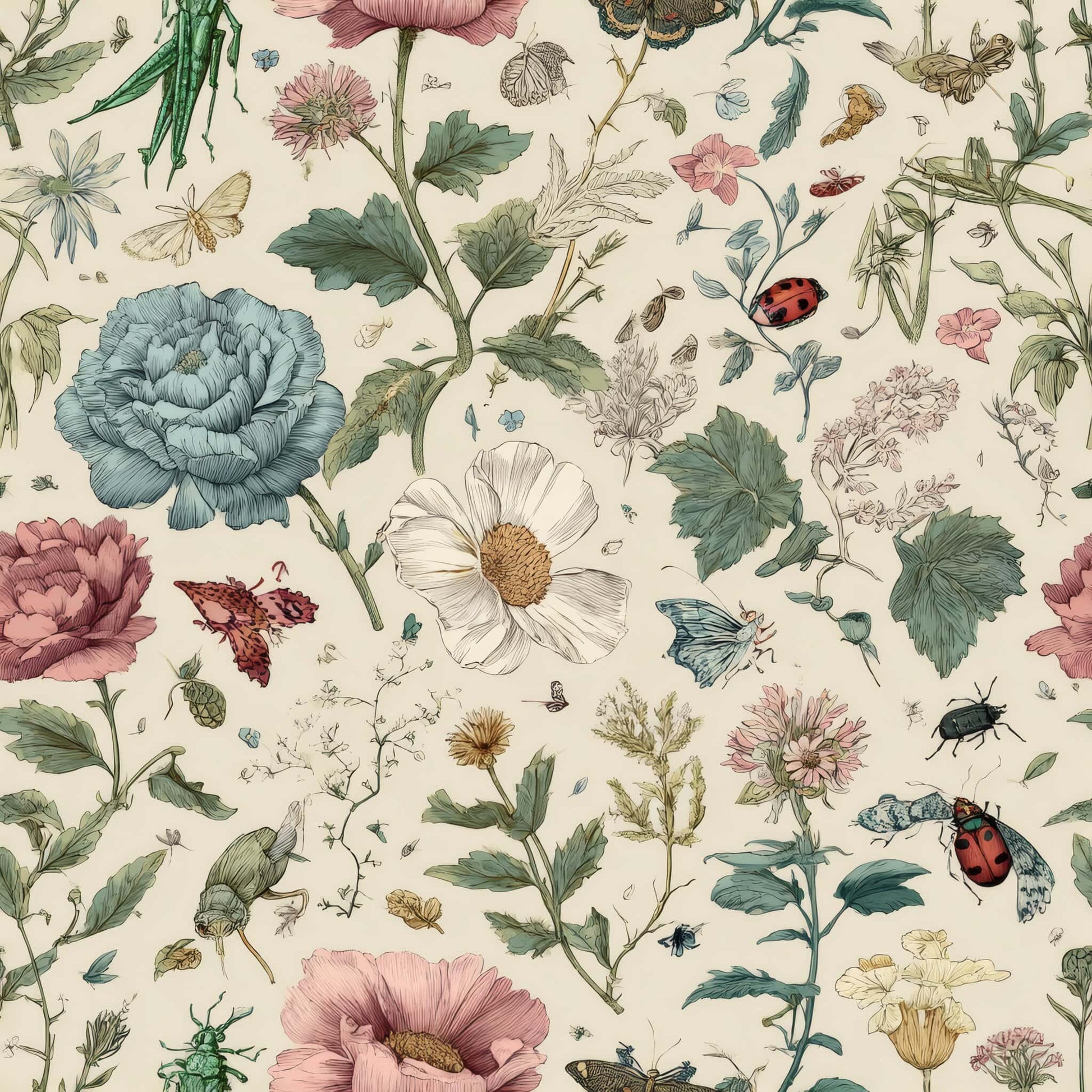 Wallpaper with delicate floral and insect illustrations in pastel colors on a cream background.
