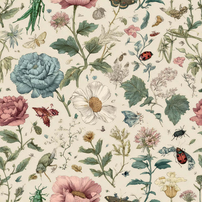 Wallpaper with delicate floral and insect illustrations in pastel colors on a cream background.