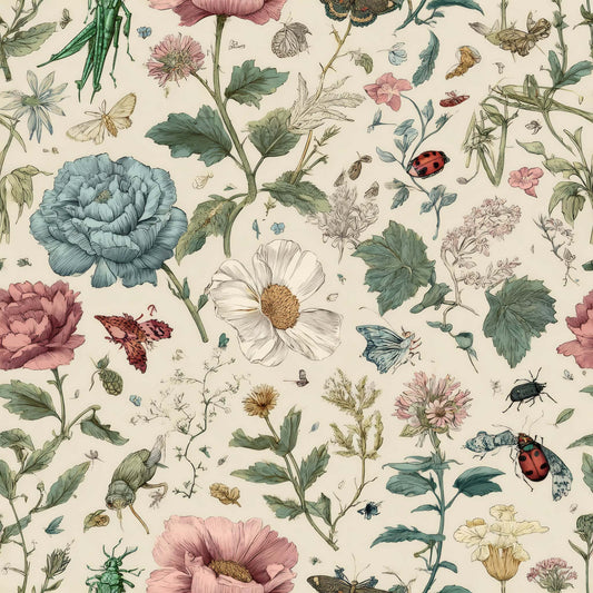 Wallpaper with delicate floral and insect illustrations in pastel colors on a cream background.