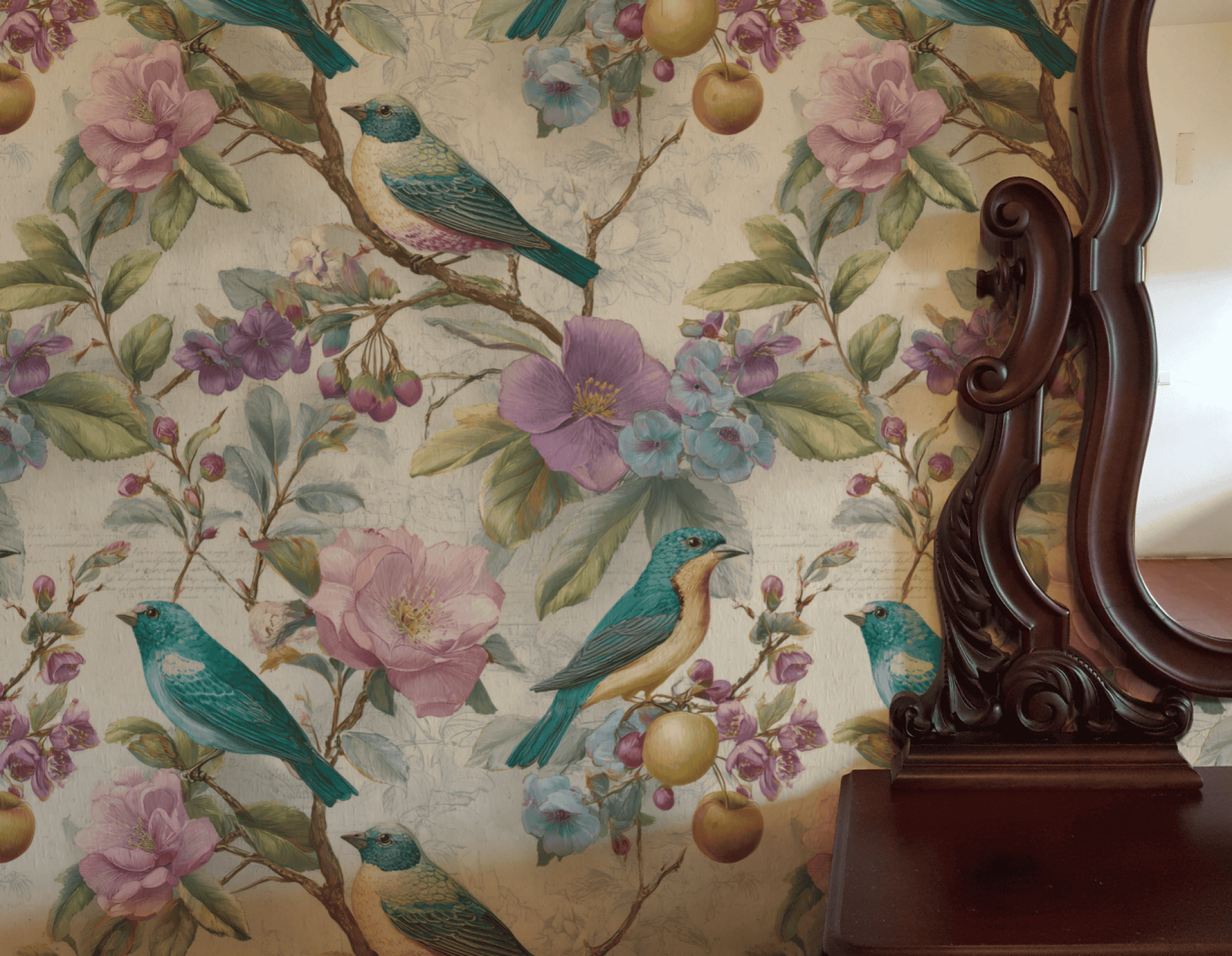 Romantic garden decor shines with Serenade Blossom Wallpaper, featuring blue birds, purple and pink flowers, and fruit, beautifully displayed beside a dark wood-framed mirror.