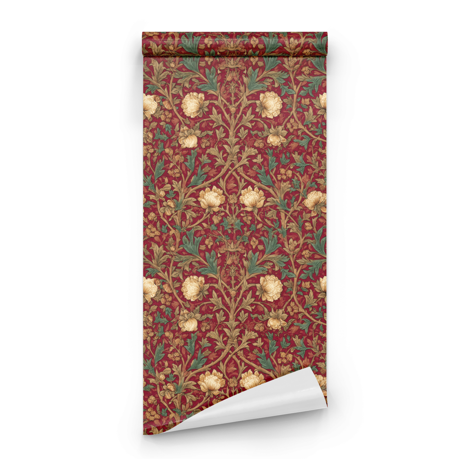 Red Floral Wallpaper roll close-up showing the peony flower drawing in deep garnet red Arts and Crafts detail