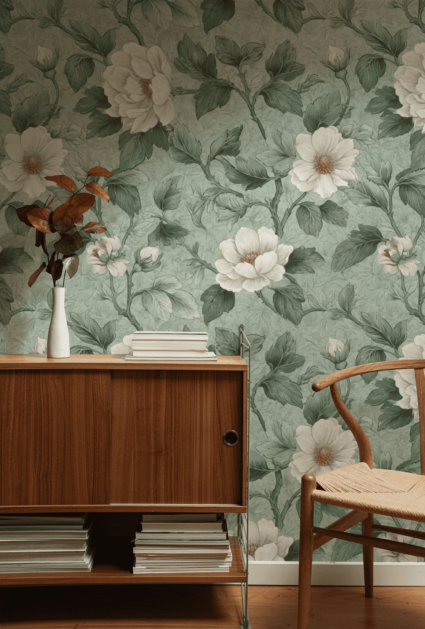 A wooden cabinet and mid-century chair sit in front of Serenity Bloom Wallpaper, with an ivory vase of dried leaves and stacked books placed on top of the cabinet.