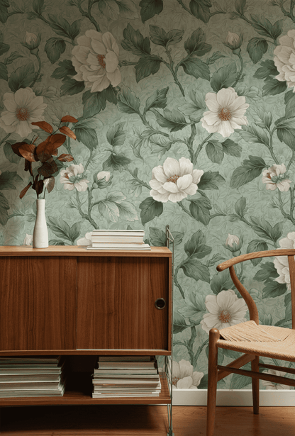 A wooden cabinet and mid-century chair sit in front of Serenity Bloom Wallpaper, with an ivory vase of dried leaves and stacked books placed on top of the cabinet.