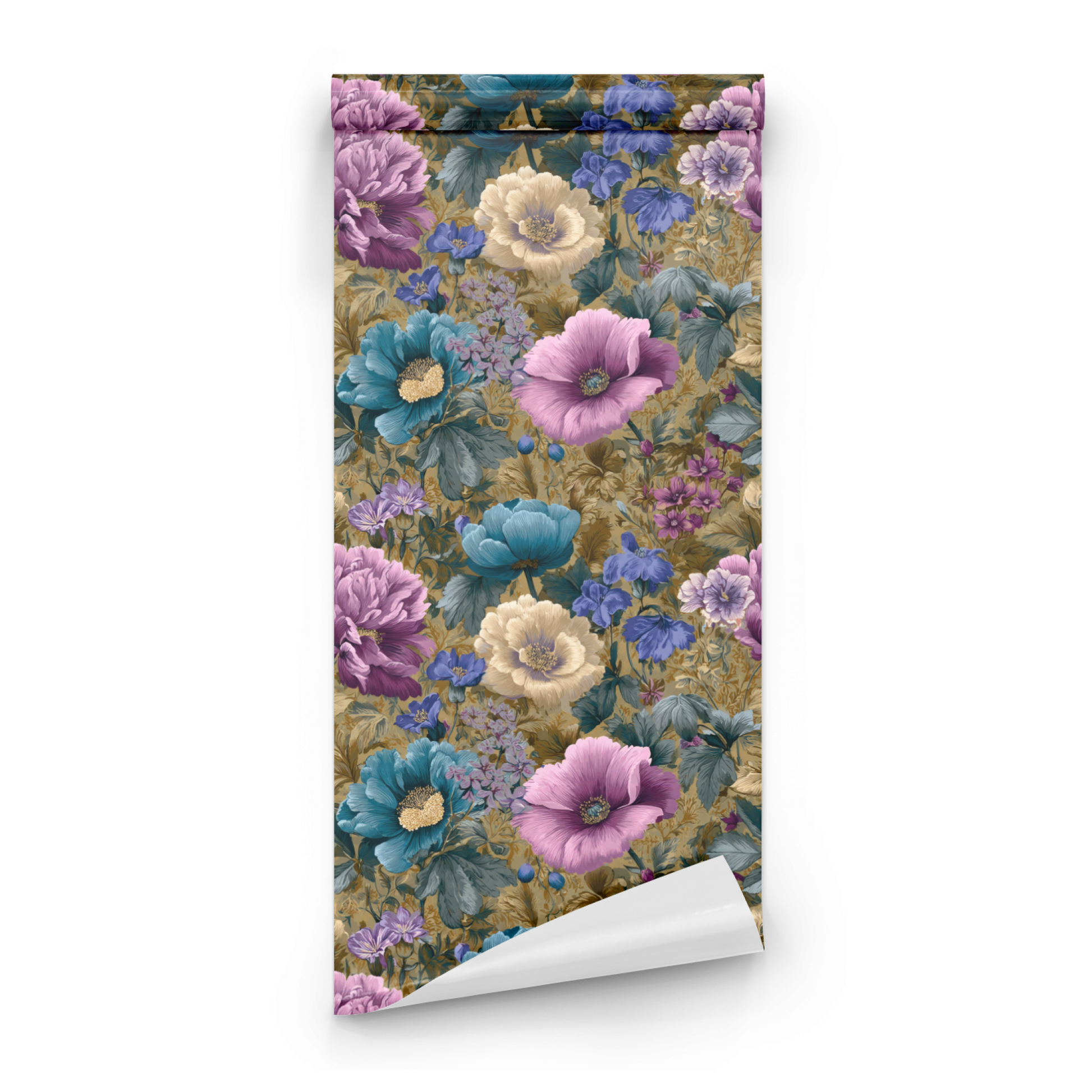 Green Floral Wallpaper roll preview showing the opulent anemone drawing in close green Arts and Crafts Victorian detail