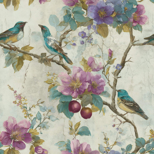 Wallpaper with vibrant birds and lush purple, blue, and ivory florals.