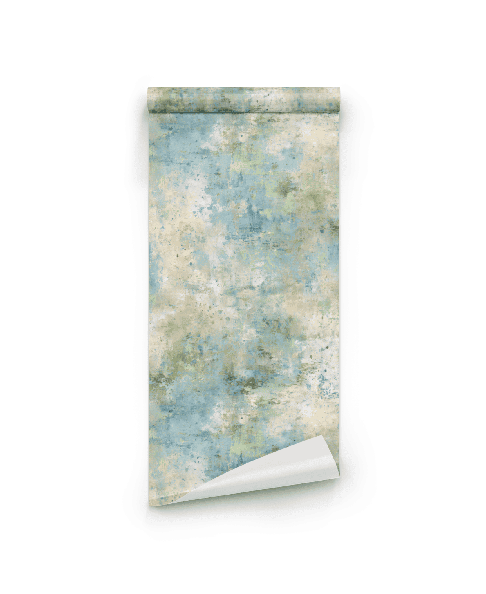 The Tranquil Mist Wallpaper, featuring a blue and green abstract pattern, is partially unrolled on a white background to create a calming ambiance ideal for any modern space.