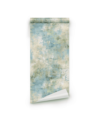 The Tranquil Mist Wallpaper, featuring a blue and green abstract pattern, is partially unrolled on a white background to create a calming ambiance ideal for any modern space.
