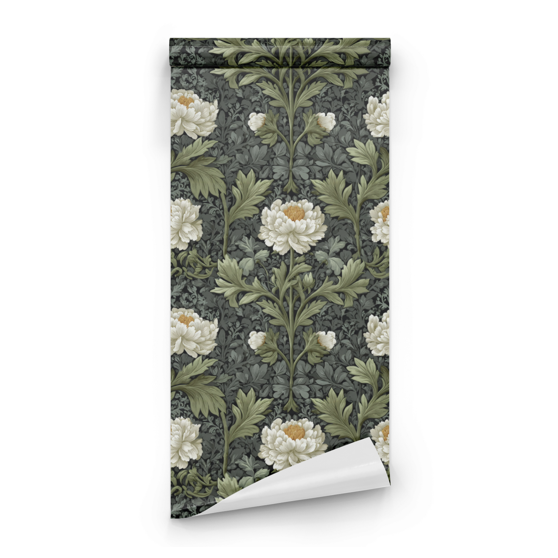 Engraved Peony | Green Floral Wallpaper - Roll Preview