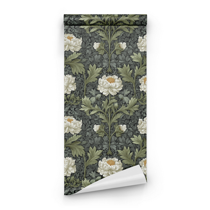 Engraved Peony | Green Floral Wallpaper - Roll Preview