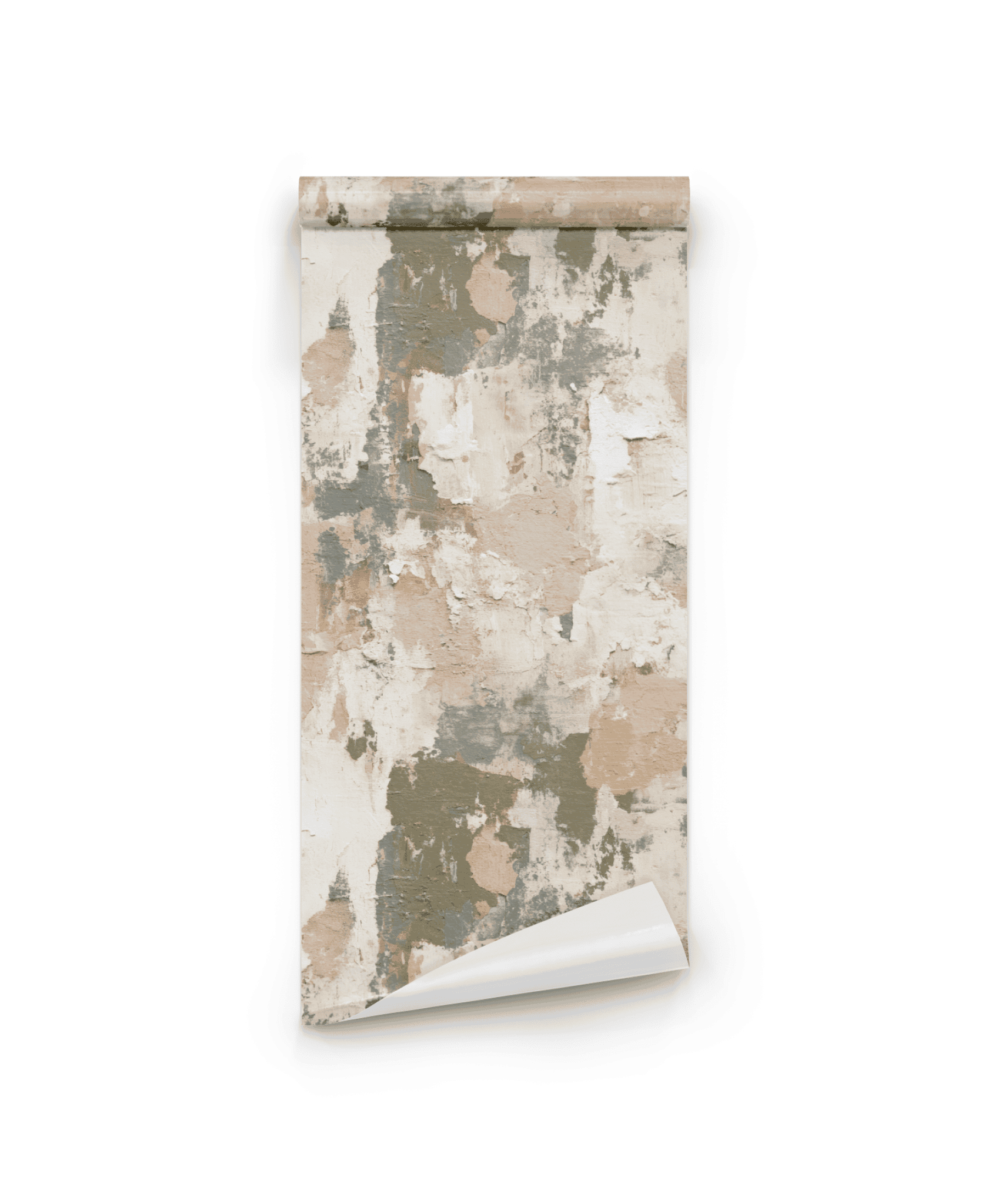 Rustic Plaster wallpaper features an abstract, textured pattern in beige, gray, and off-white tones, creating a rustic yet elegant ambiance with earthy textures on a white background.