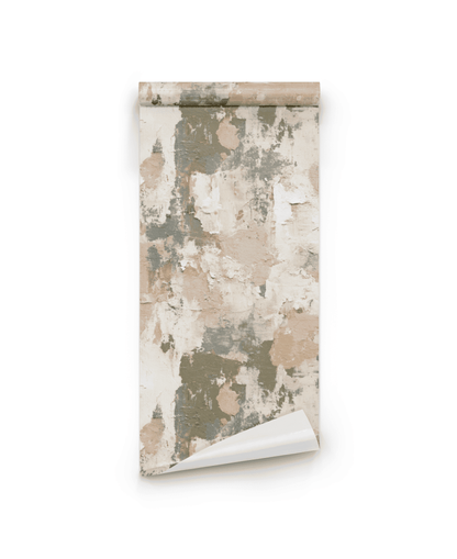 Rustic Plaster wallpaper features an abstract, textured pattern in beige, gray, and off-white tones, creating a rustic yet elegant ambiance with earthy textures on a white background.