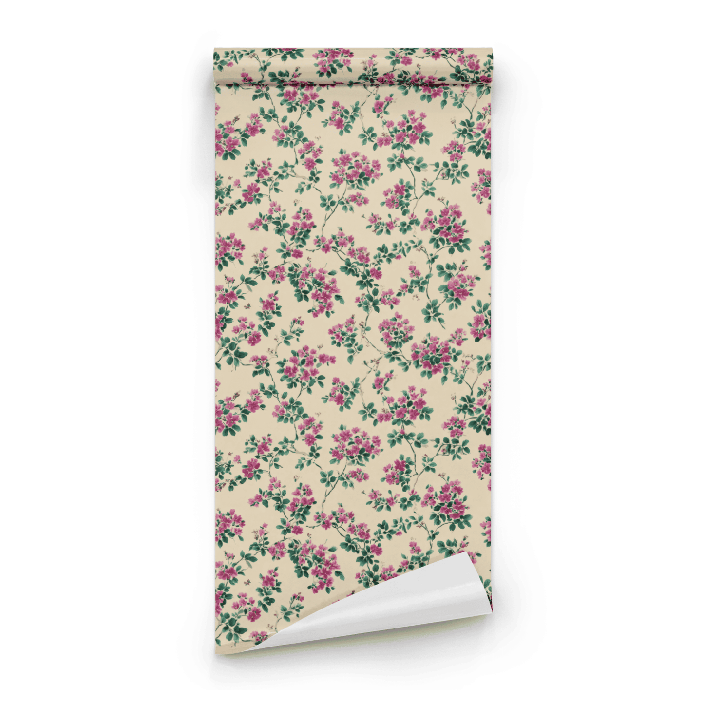 Cream Floral Wallpaper roll preview showing the trailing vine and the cerise pink floral detail on cream ground