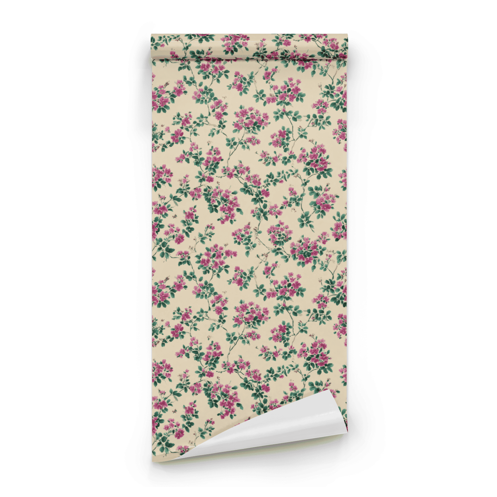 Cream Floral Wallpaper roll preview showing the trailing vine and the cerise pink floral detail on cream ground