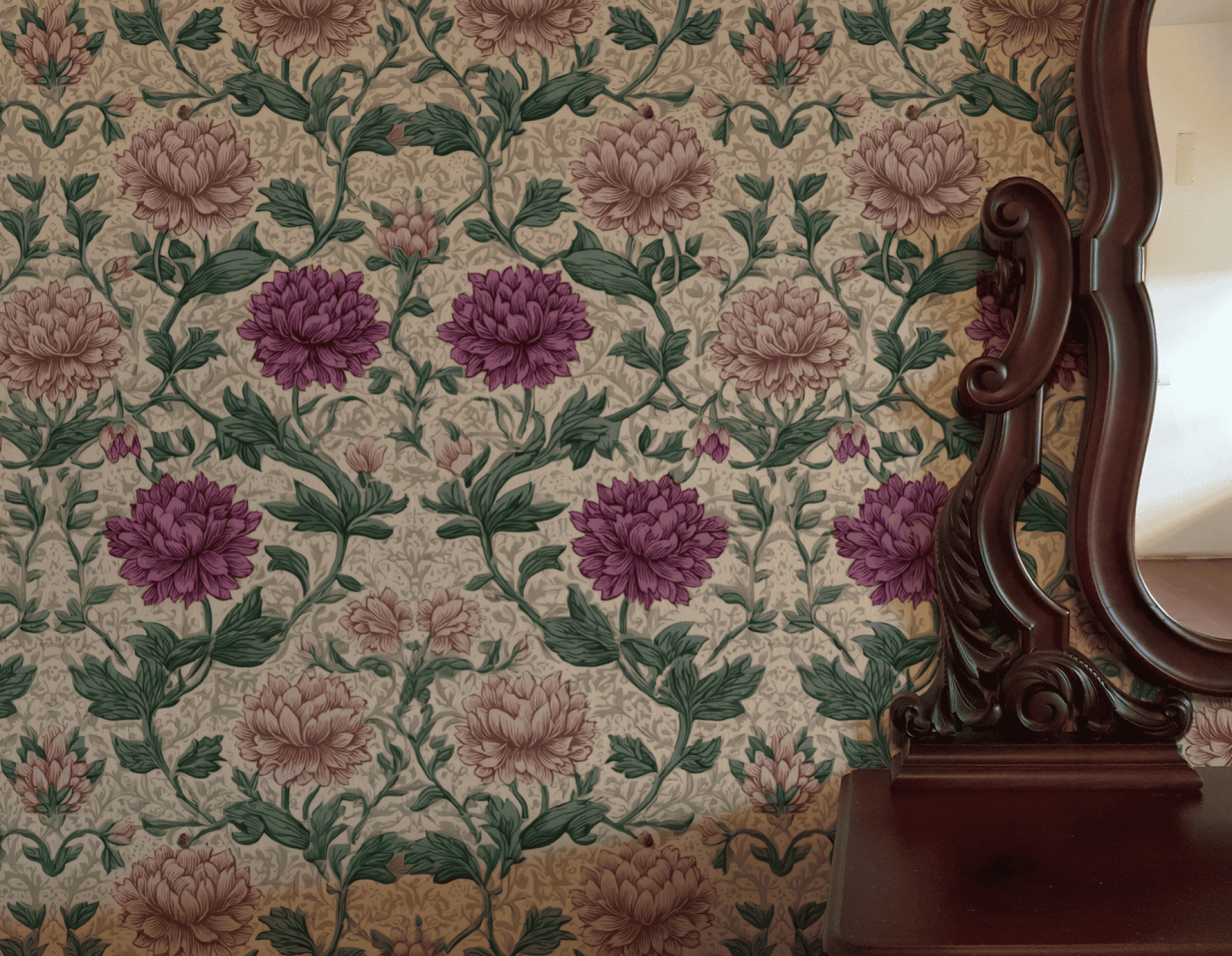 Opulent Bloom Wallpaper features graceful purple and pale pink plum flowers with elegant green foliage; an ornate wooden mirror frame is visible on the right side.