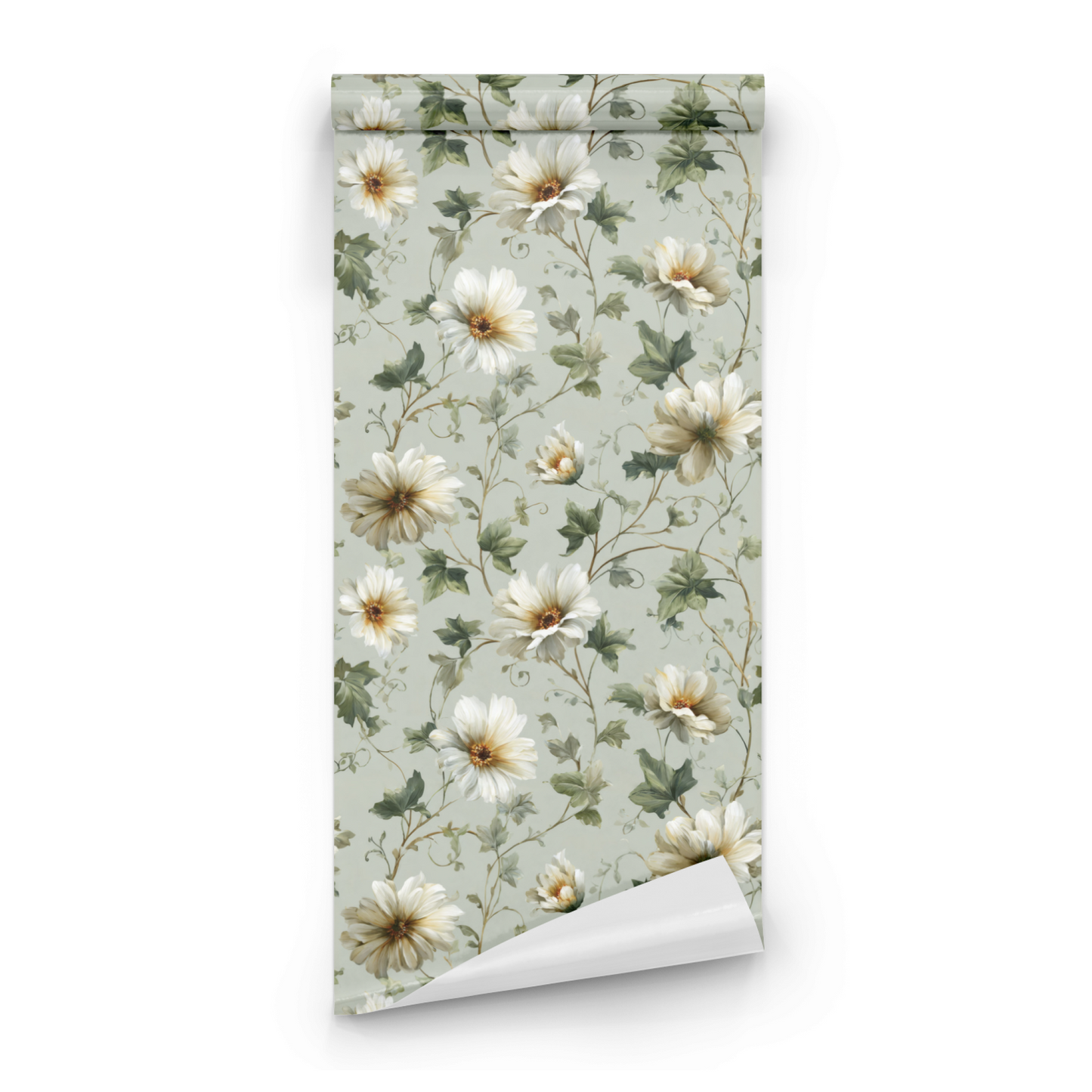 Green Floral Wallpaper roll close-up showing the verdure botanical drawing in soft green-and-cream tones
