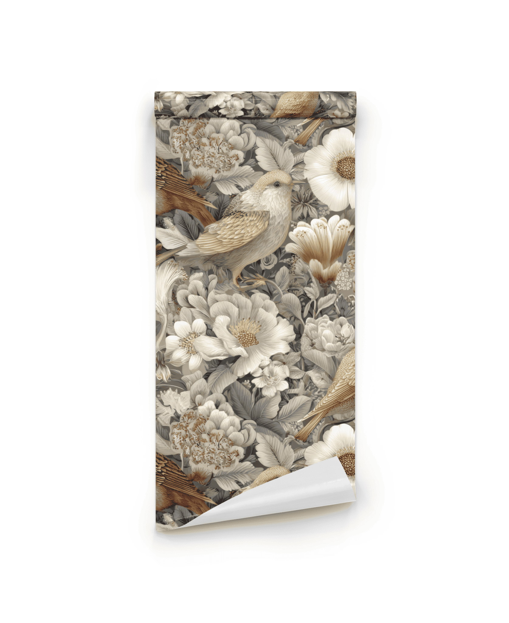 Aviary Harmony Wallpaper features a detailed vintage-style pattern with delicate birds and intricate flowers in beige, brown, and grey tones on a white background.