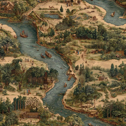 Illustrated landscape wallpaper with rivers, boats, trees, and warm earthy tones.