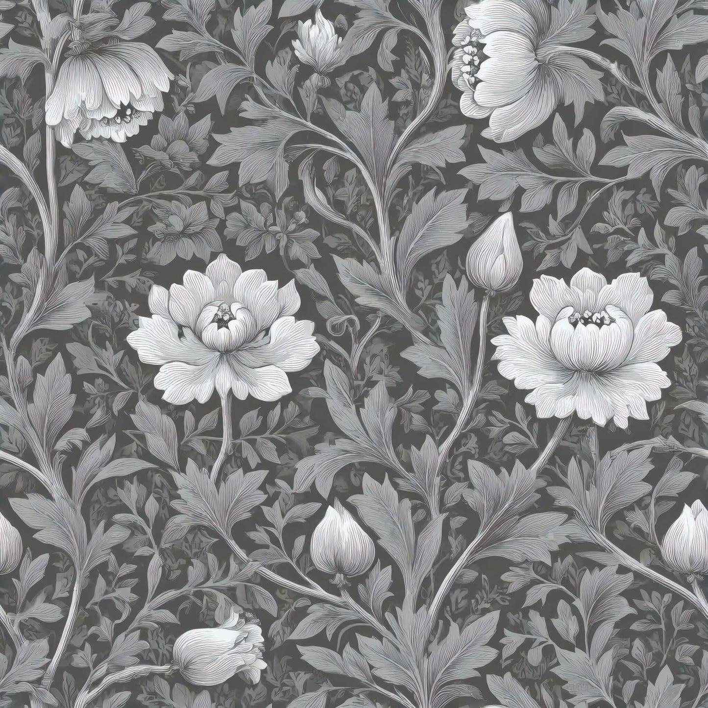 Intricate grey and white floral pattern with large blooming flowers and leaves.