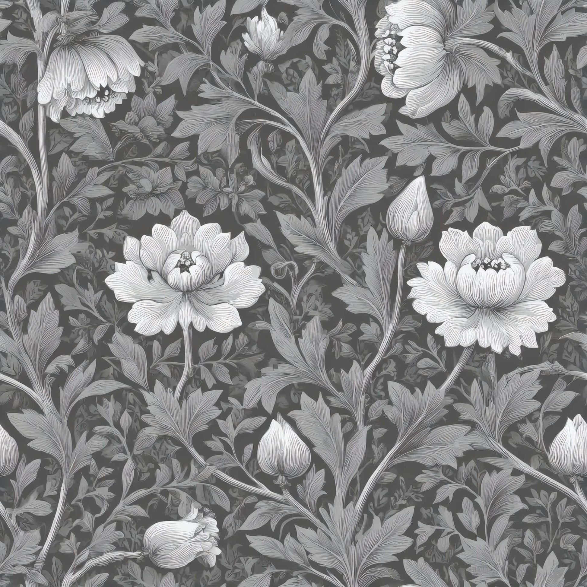Intricate grey and white floral pattern with large blooming flowers and leaves.