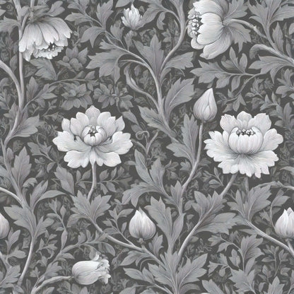Intricate grey and white floral pattern with large blooming flowers and leaves.