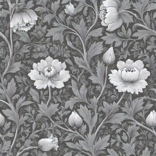 Intricate grey and white floral pattern with large blooming flowers and leaves.