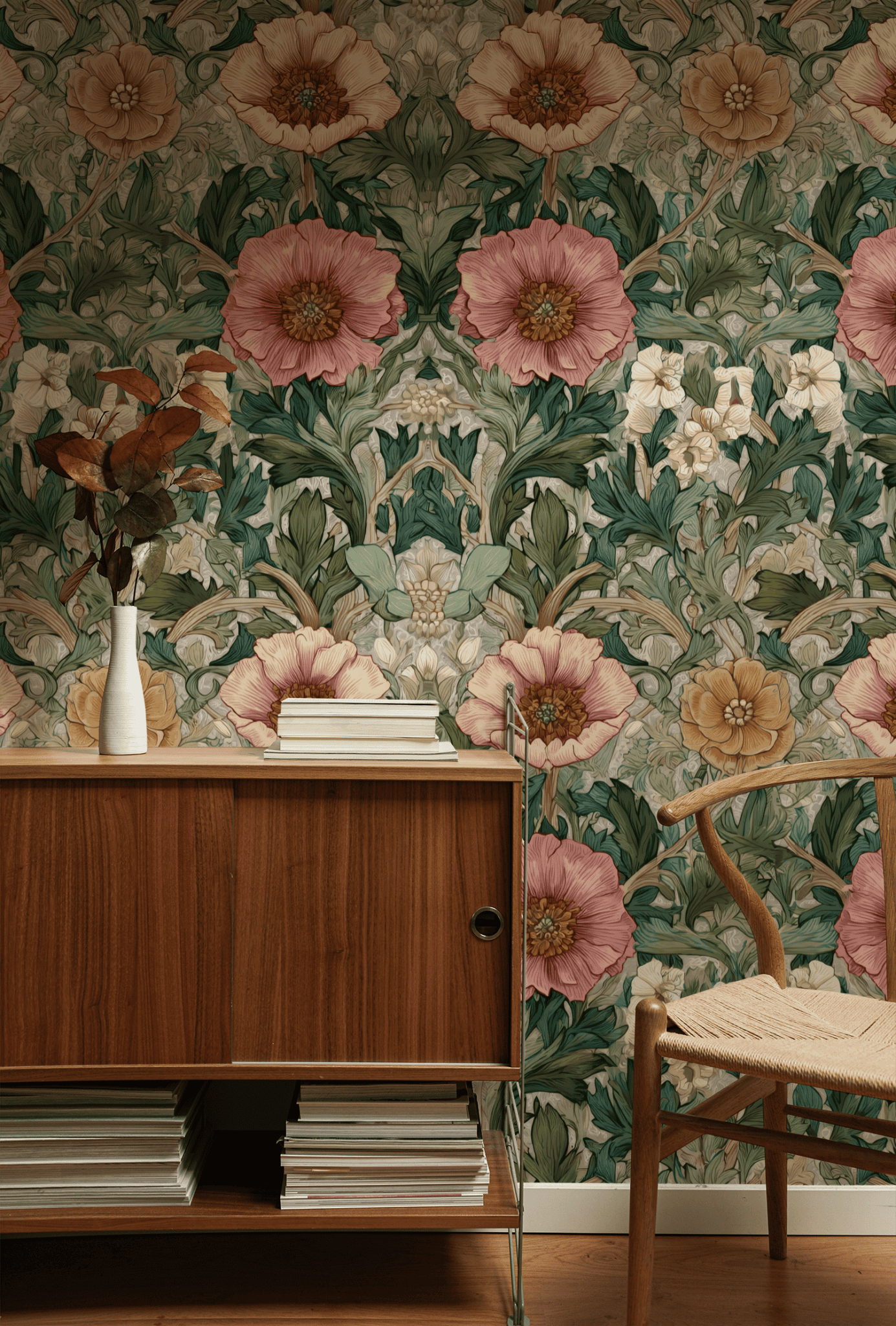 A wooden sideboard and chair stand against Floralia Bliss Wallpaper, featuring lush green foliage and intertwining pink, white, and yellow blooms; a vase with dried leaves atop the sideboard evokes a tranquil garden retreat.