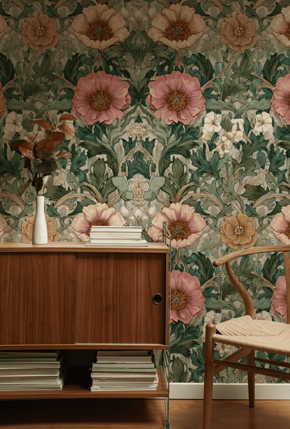 A wooden sideboard and chair stand against Floralia Bliss Wallpaper, featuring lush green foliage and intertwining pink, white, and yellow blooms; a vase with dried leaves atop the sideboard evokes a tranquil garden retreat.