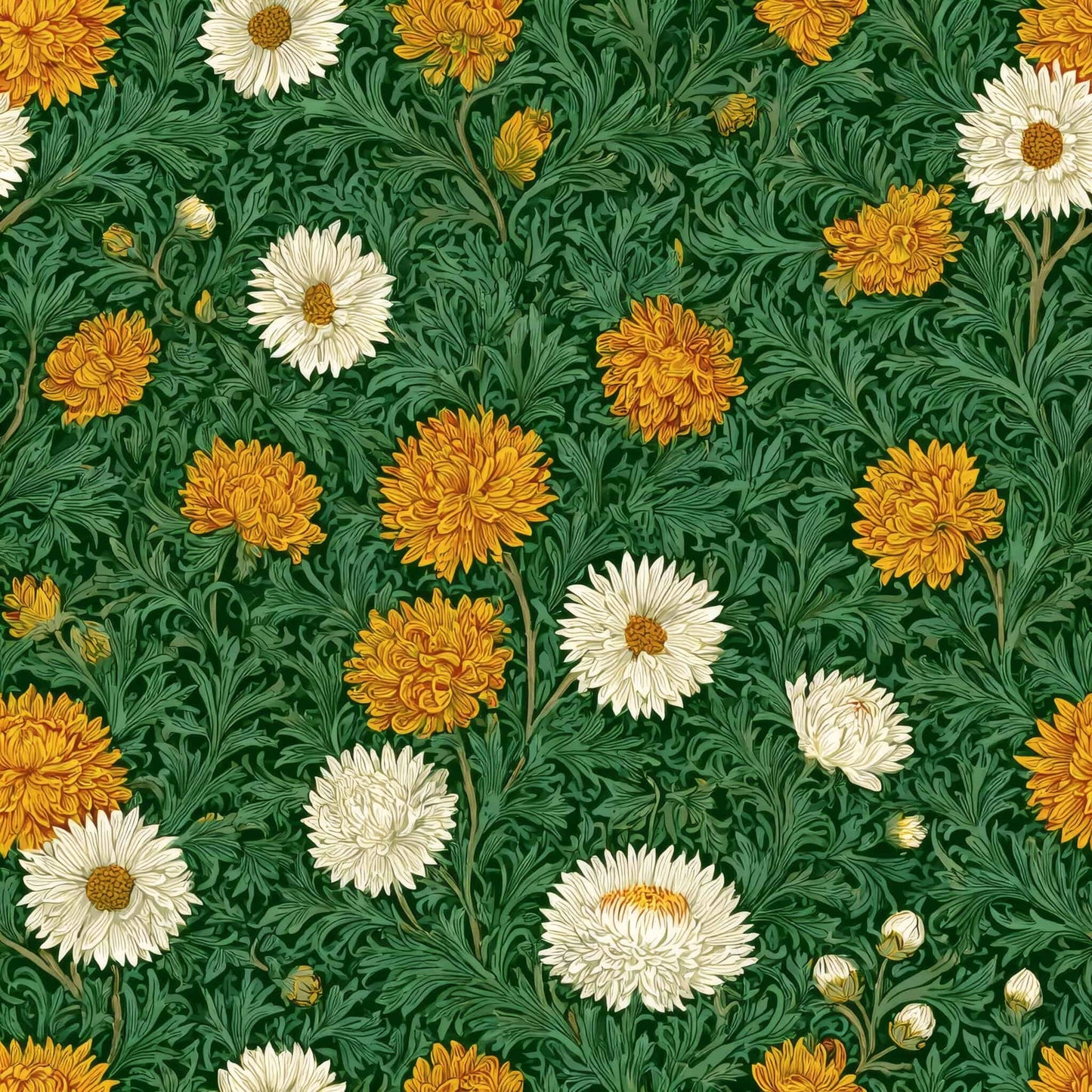 Floral wallpaper with yellow and white flowers on a green background.