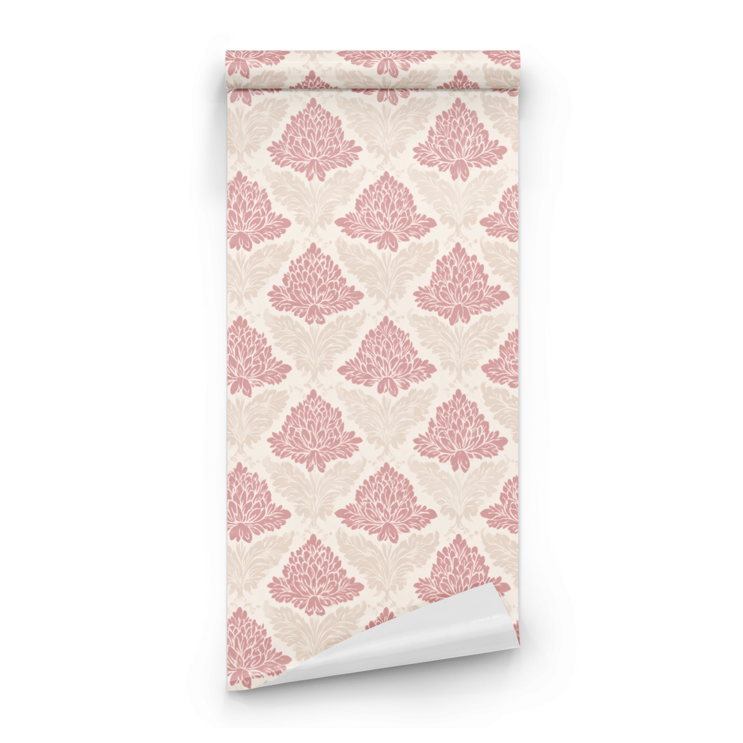 Pink Damask Wallpaper roll close-up showing the acanthus damask drawing in close soft pink Victorian detail