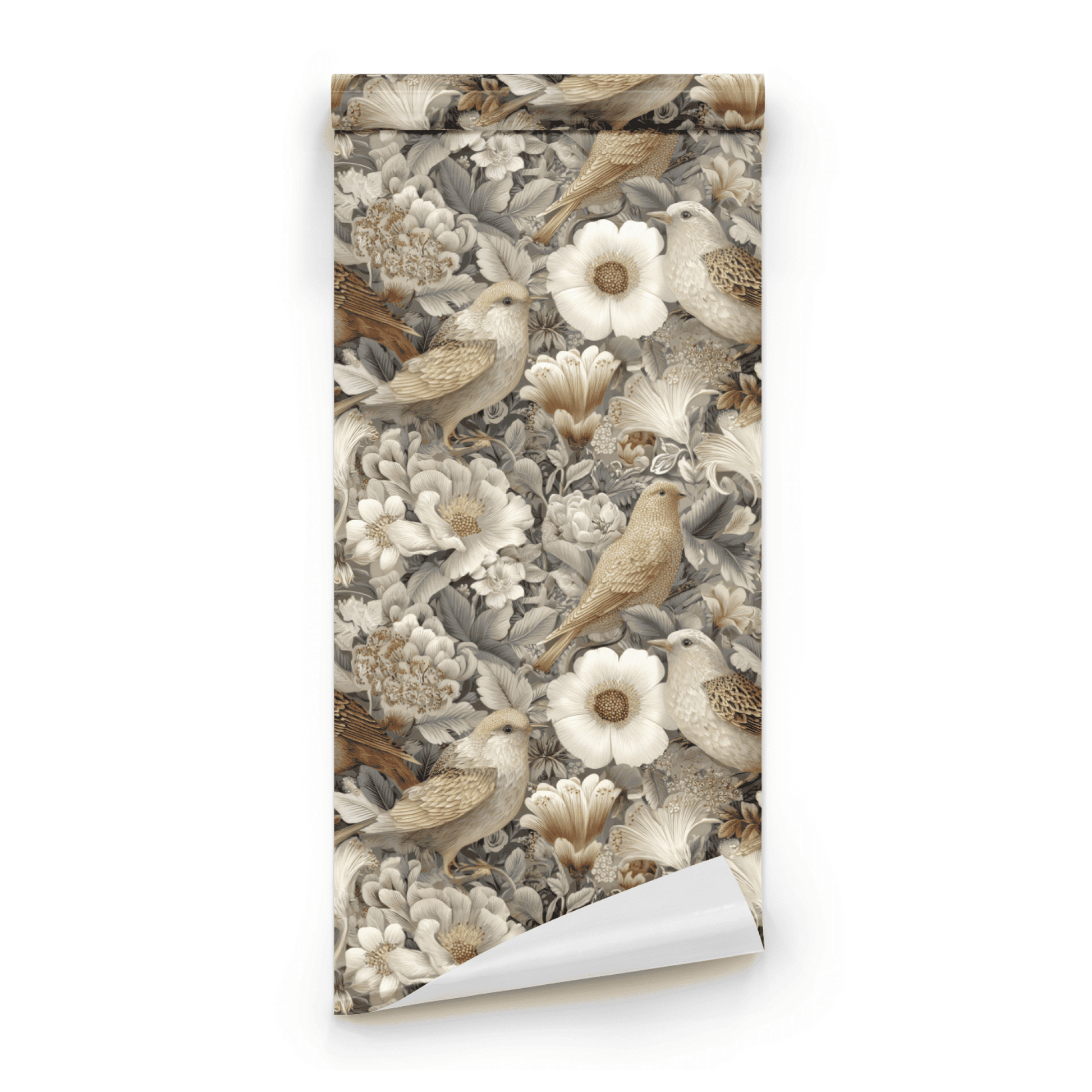 Grey Floral Wallpaper roll close-up showing the peony-and-bird drawing in close platinum grey Arts and Crafts detail