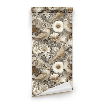 Grey Floral Wallpaper roll close-up showing the peony-and-bird drawing in close platinum grey Arts and Crafts detail