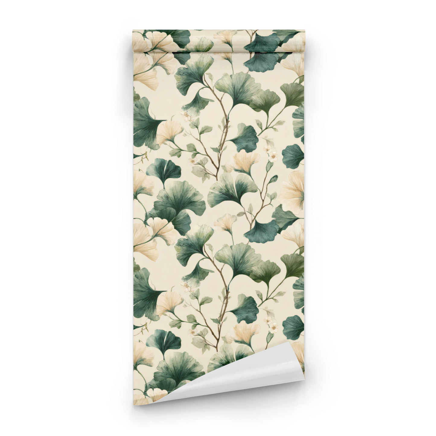 Cream Botanical Leaves Design roll preview showing the ginkgo leaf drawing in close cream watercolor detail