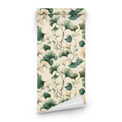 Cream Botanical Leaves Design roll preview showing the ginkgo leaf drawing in close cream watercolor detail