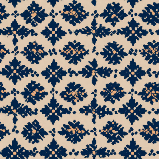 Geometric dark blue pattern on a beige background, creating a classic and elegant vibe.