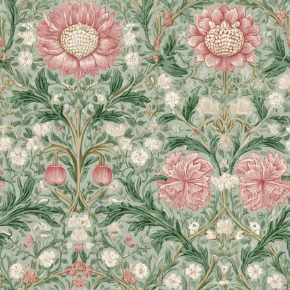 Floral wallpaper with large pink blooms and green leaves on a soft background.