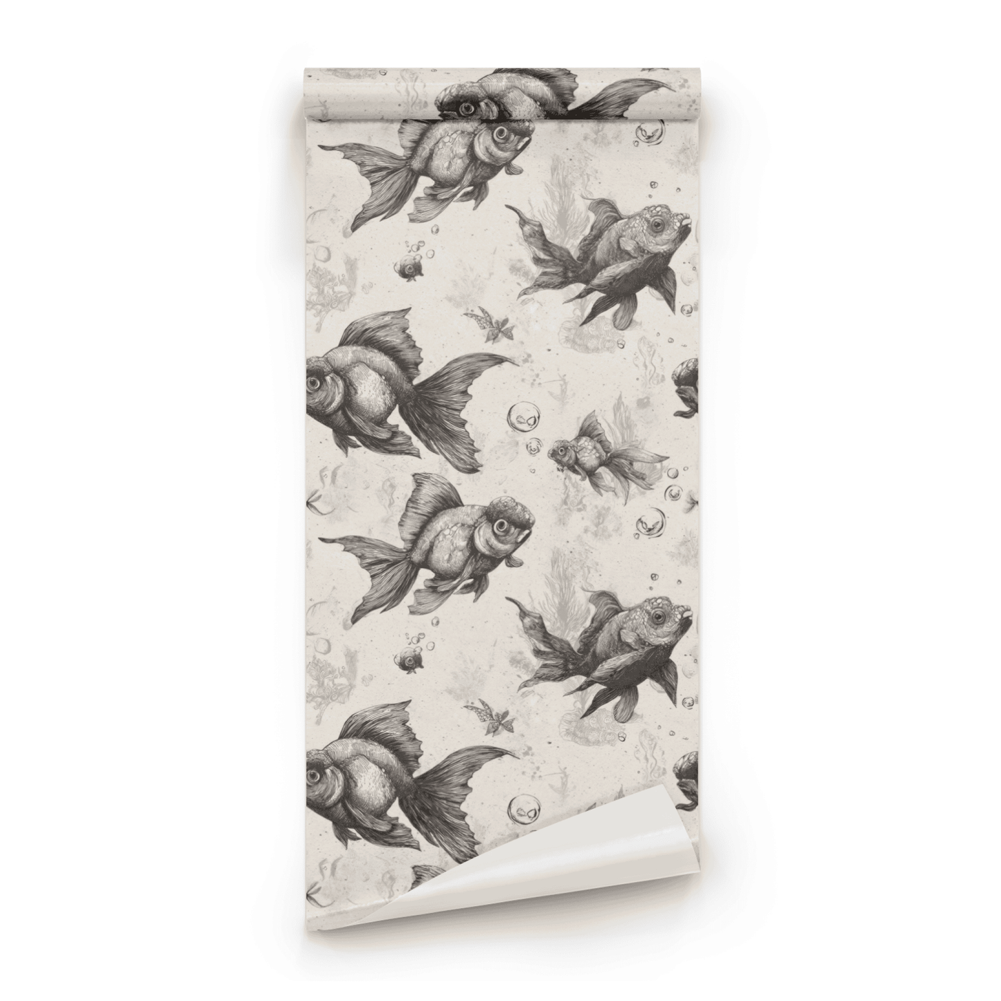 Neutral Animal Print Wallpaper roll preview showing the goldfish drawing in etched neutral line work in close detail