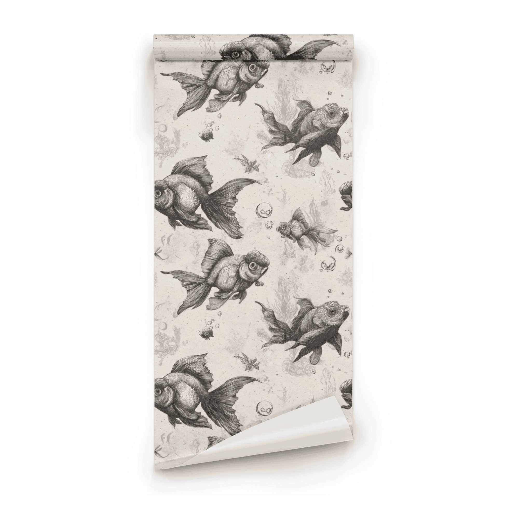 Neutral Animal Print Wallpaper roll preview showing the goldfish drawing in etched neutral line work in close detail