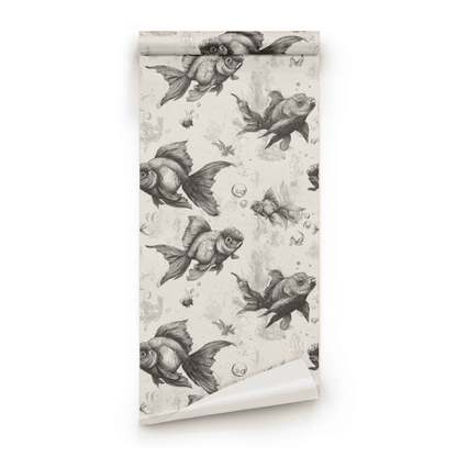 Neutral Animal Print Wallpaper roll preview showing the goldfish drawing in etched neutral line work in close detail